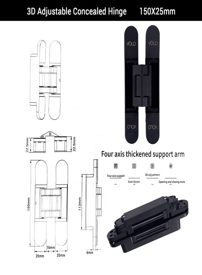 VOLO Pack of 2 Pieces | Heavy Duty 3D Adjustable Concealed Door Hinges | Hidden Hinges for Wooden and Flush Doors, Smooth Alignment Control | Matt Black Finish | 6 Inch (150mm) - Image 2