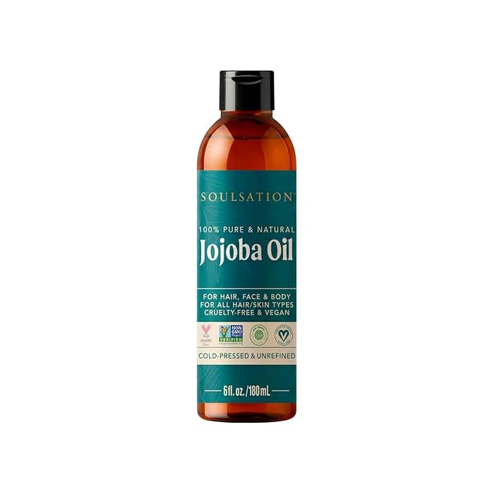 SOULSATION Pure Jojoba Oil for Skin, Hair, Face & Body 100% Natural, Cold Pressed, Unrefined | Non-GMO, EWG Verified, Cruelty-Free, Vegan Moisturizing Oil for Dry Skin, Scalp & Beard 6oz
