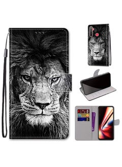HuHa Case Cover For Realme 5 / 5s / 5i / C3 / C3i / 6i / Narzo10 / 10A / 20A Coloured Drawing Cross Texture Horizontal Flip PU Leather Case with Holder & Card Slots & Wallet & Lanyard Black White Lion Head 