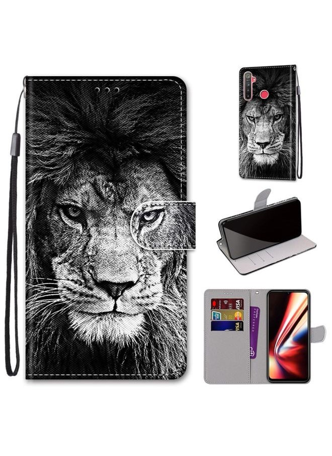 HuHa Case Cover For Realme 5 / 5s / 5i / C3 / C3i / 6i / Narzo10 / 10A / 20A Coloured Drawing Cross Texture Horizontal Flip PU Leather Case with Holder & Card Slots & Wallet & Lanyard Black White Lion Head 