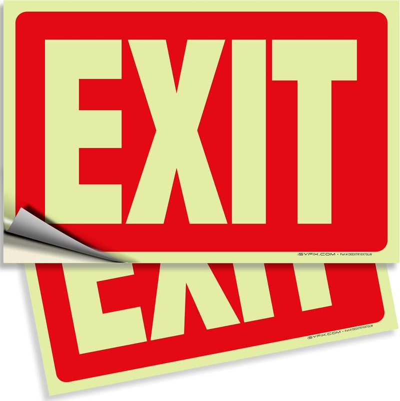 iSYFIX Exit Glow in the Dark Sign Stickers Red – 2 Pack 10x7 Inch – Photoluminescent Vinyl, Laminated for UV, Weather & Fade Resistance, Indoor & Outdoor for Business, School, Office, Warehouse - Image 1