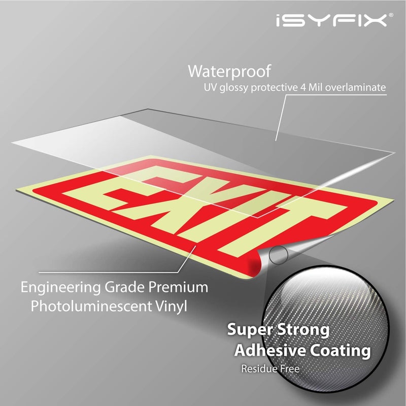 iSYFIX Exit Glow in the Dark Sign Stickers Red – 2 Pack 10x7 Inch – Photoluminescent Vinyl, Laminated for UV, Weather & Fade Resistance, Indoor & Outdoor for Business, School, Office, Warehouse - Image 3