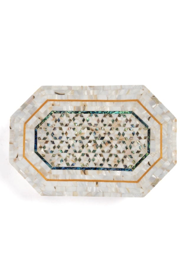 Handmade Octagonal Wooden Jewelry Box Fully Inlaid with Natural Mother of Pearl & Turquoise Abalone Shell with Key Lock, Iridescent White - Size 14x11x5 cm - Image 4
