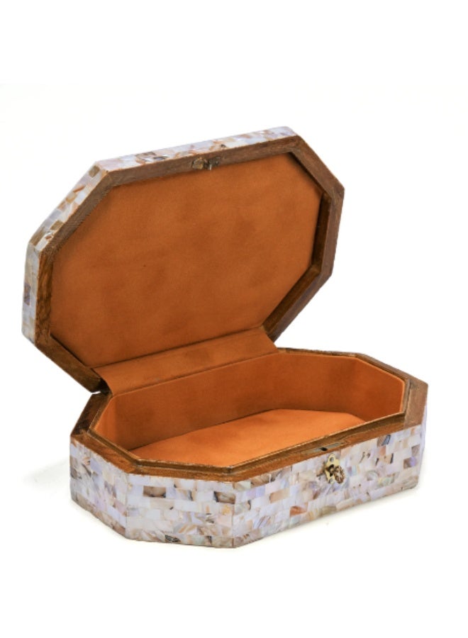 Handmade Octagonal Wooden Jewelry Box Fully Inlaid with Natural Mother of Pearl & Turquoise Abalone Shell with Key Lock, Iridescent White - Size 14x11x5 cm - Image 2