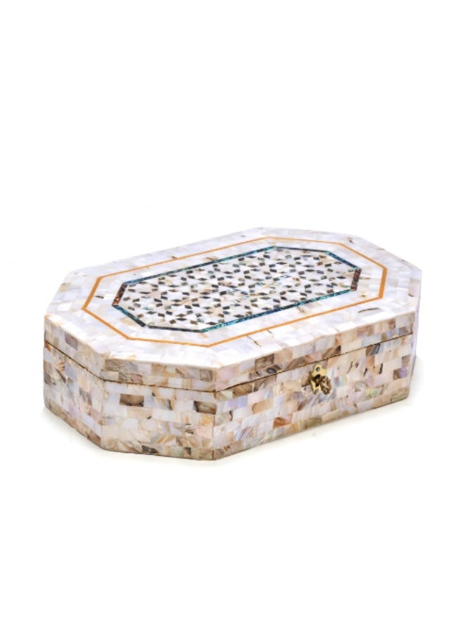Handmade Octagonal Wooden Jewelry Box Fully Inlaid with Natural Mother of Pearl & Turquoise Abalone Shell with Key Lock, Iridescent White - Size 14x11x5 cm - Image 1