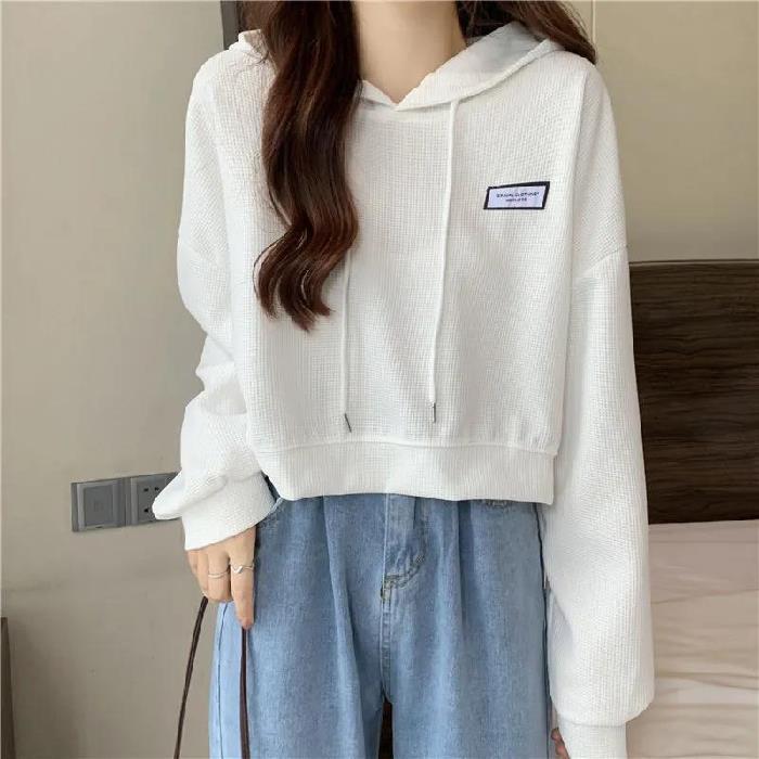 Cropped Waffle Hoodie Womens Casual Korean Autumn Winter Grey  - Image 2