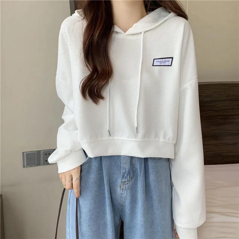 Cropped Waffle Hoodie Womens Casual Korean Autumn Winter Grey  - Image 4