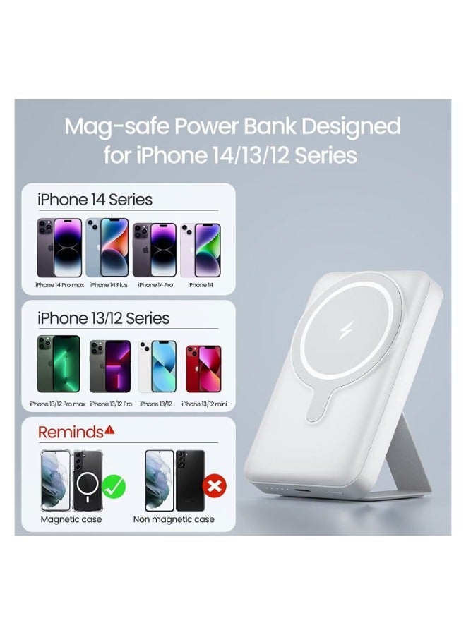 Raxoom Magnetic Wireless Portable Charger, 10000mAh MagSafe Battery Pack 15W Fast Charging, USB-C Power Bank Foldable Stand Compatible iPhone 14/13/12 Pro Max Plus Mini (White) - Image 2