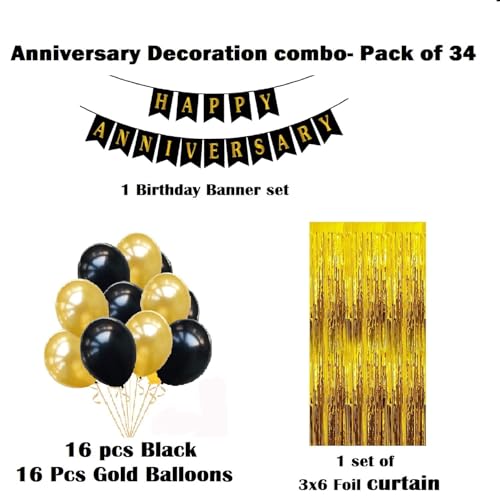HK balloons Happy Anniversary Decoration Items - 34Pcs Kit Combo For Home Or Bedroom - Anniversary Banner, Metallic Rubber Golden Foil Curtains - Image 3