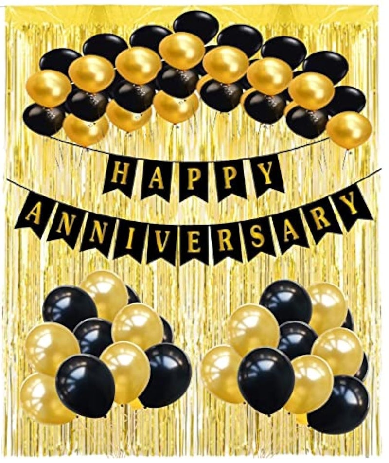 HK balloons Happy Anniversary Decoration Items - 34Pcs Kit Combo For Home Or Bedroom - Anniversary Banner, Metallic Rubber Golden Foil Curtains - Image 1