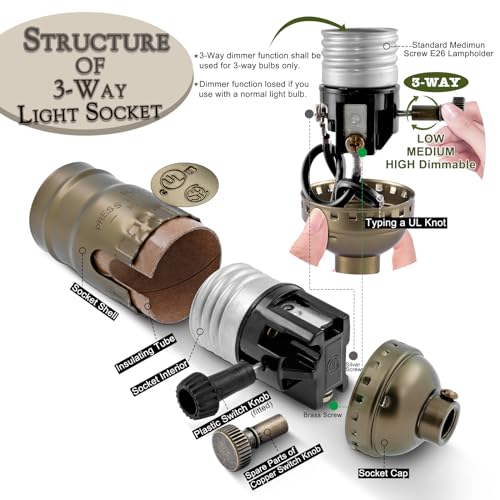 EMNOOTI Lamp Rewire Kit,Make a Lamp or Repair Kit,3-Way Lamp Socket with Matching Cord Lamp Harp Set,Lamp Wiring Kit for Table Floor Lamp,Essential Hardware for DIY Lamp Design or Repair (Antique Brass, 1) - Image 2