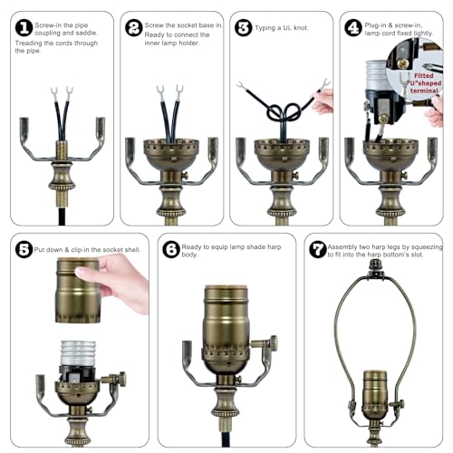 EMNOOTI Lamp Rewire Kit,Make a Lamp or Repair Kit,3-Way Lamp Socket with Matching Cord Lamp Harp Set,Lamp Wiring Kit for Table Floor Lamp,Essential Hardware for DIY Lamp Design or Repair (Antique Brass, 1) - Image 3