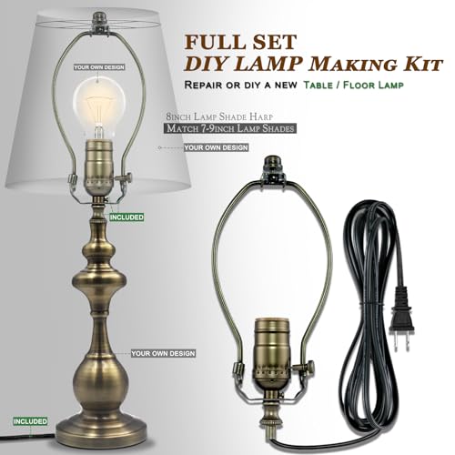 EMNOOTI Lamp Rewire Kit,Make a Lamp or Repair Kit,3-Way Lamp Socket with Matching Cord Lamp Harp Set,Lamp Wiring Kit for Table Floor Lamp,Essential Hardware for DIY Lamp Design or Repair (Antique Brass, 1) - Image 4