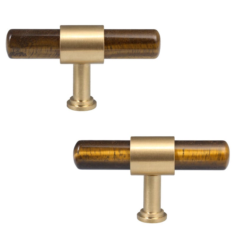 mookaitedecor Set of 2 TBar Crystal Drawer Pulls Handles with Screws Brushed Brass Stone Knobs for Cabinet Kitchen Dresser Tigers Eye Stone - Image 2