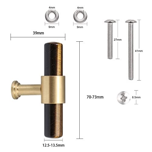 mookaitedecor Set of 2 TBar Crystal Drawer Pulls Handles with Screws Brushed Brass Stone Knobs for Cabinet Kitchen Dresser Tigers Eye Stone - Image 3