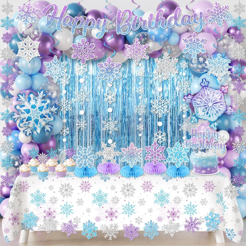 YTGUVBK Snowflake Birthday Party Decorations, Blue Purple Winter Wonderland Decorations Kit include Fringe Curtain,Snowflake Garland,Balloon,Banner,Cake Topper,Tablecloth for Winter Snowflake Party Decor - Image 1