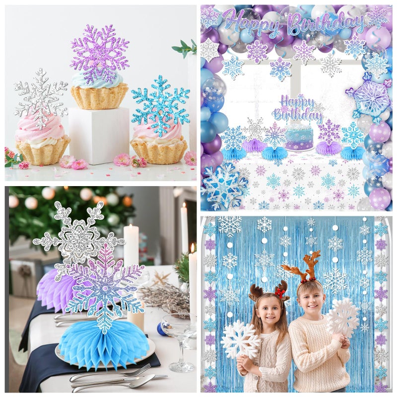 YTGUVBK Snowflake Birthday Party Decorations, Blue Purple Winter Wonderland Decorations Kit include Fringe Curtain,Snowflake Garland,Balloon,Banner,Cake Topper,Tablecloth for Winter Snowflake Party Decor - Image 4