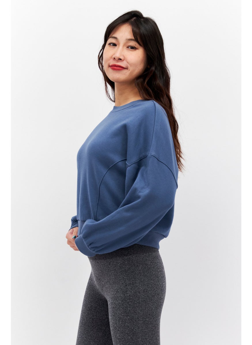 Etam Women Round Neck Long Sleeve Plain Sweatshirt, Slate Blue  - Image 2