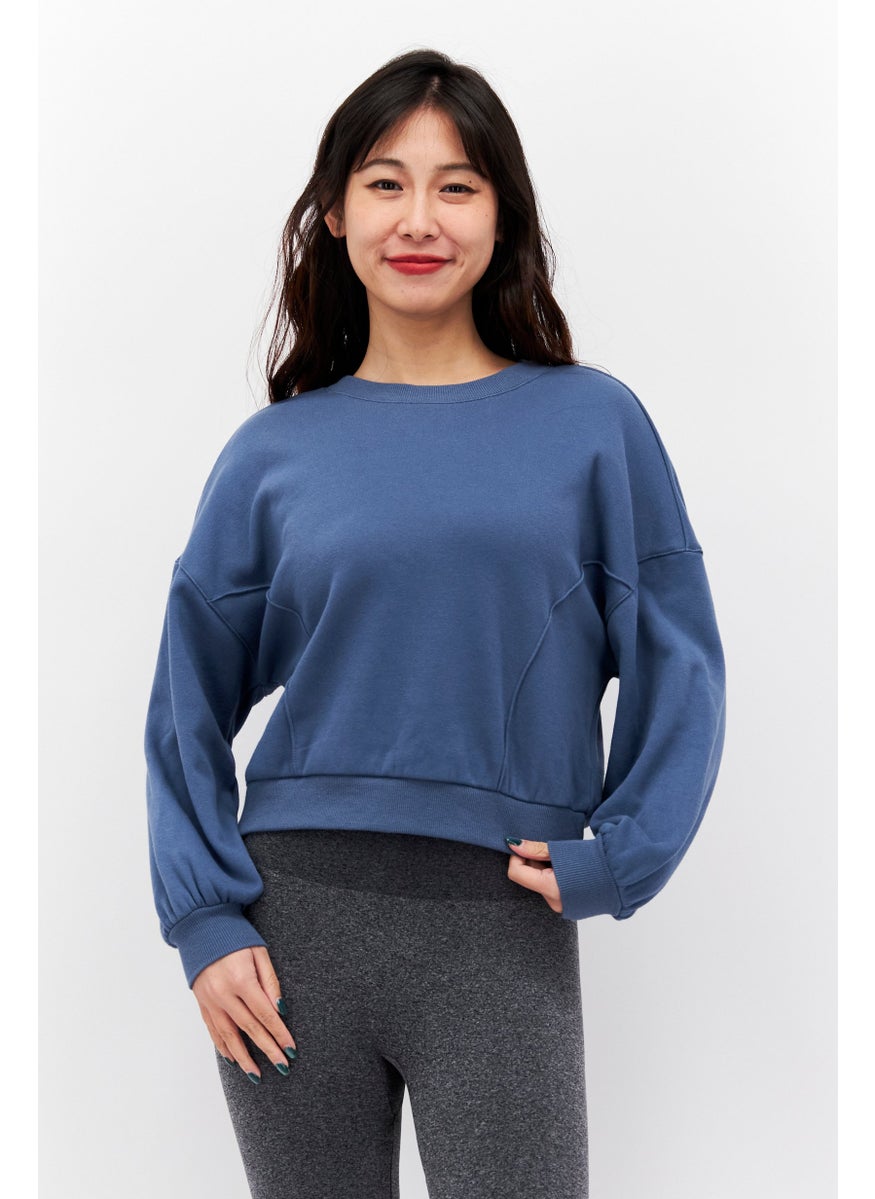 Etam Women Round Neck Long Sleeve Plain Sweatshirt, Slate Blue  - Image 1