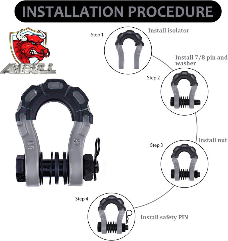 AMBULL Shackles Upgrade 3/4" D Ring Shackle (2 Pack) 70,000 lbs Break Strength with 7/8" Pin, Isolator and Washer Kits for Use with Tow Strap, Winch, Off-Road Truck Vehicle Recovery, Grey - Image 5