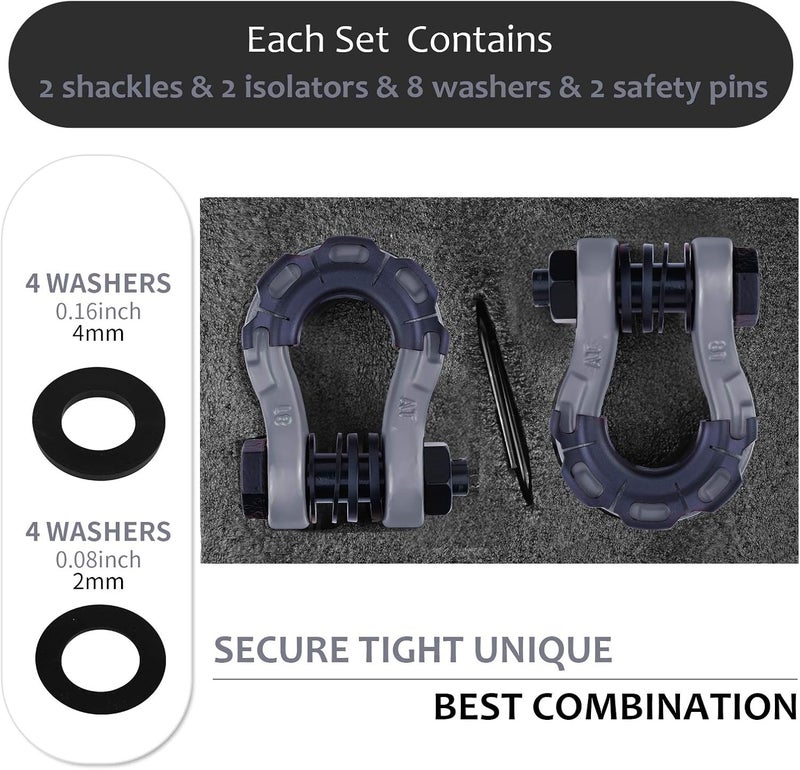 AMBULL Shackles Upgrade 3/4" D Ring Shackle (2 Pack) 70,000 lbs Break Strength with 7/8" Pin, Isolator and Washer Kits for Use with Tow Strap, Winch, Off-Road Truck Vehicle Recovery, Grey - Image 4