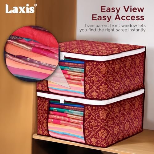 LAXIS® Foldable Royal Print Saree Cover Set, Saree Bags, Saree Covers For Storage, Wardrobe Organiser | (Golden-Mahroon, Pack of 6) - Image 4