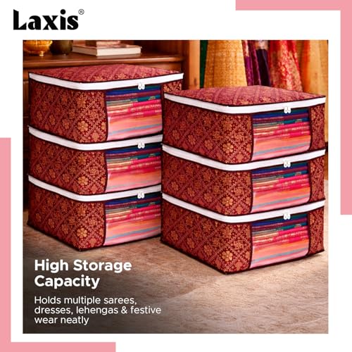 LAXIS® Foldable Royal Print Saree Cover Set, Saree Bags, Saree Covers For Storage, Wardrobe Organiser | (Golden-Mahroon, Pack of 6) - Image 5