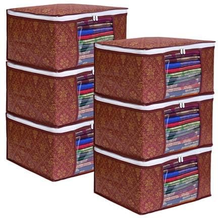 LAXIS® Foldable Royal Print Saree Cover Set, Saree Bags, Saree Covers For Storage, Wardrobe Organiser | (Golden-Mahroon, Pack of 6) - Image 1