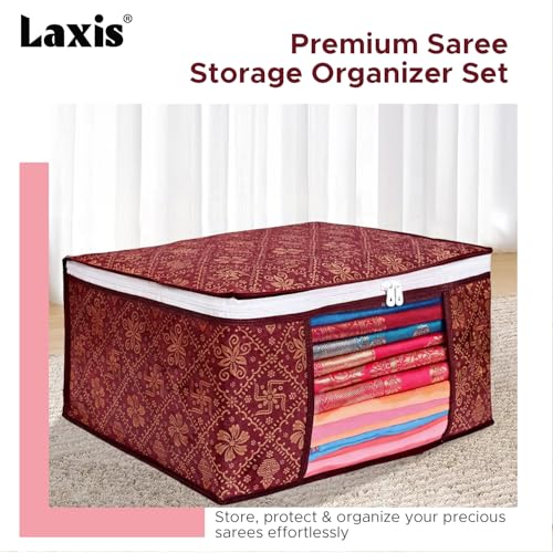 LAXIS® Foldable Royal Print Saree Cover Set, Saree Bags, Saree Covers For Storage, Wardrobe Organiser | (Golden-Mahroon, Pack of 6) - Image 3