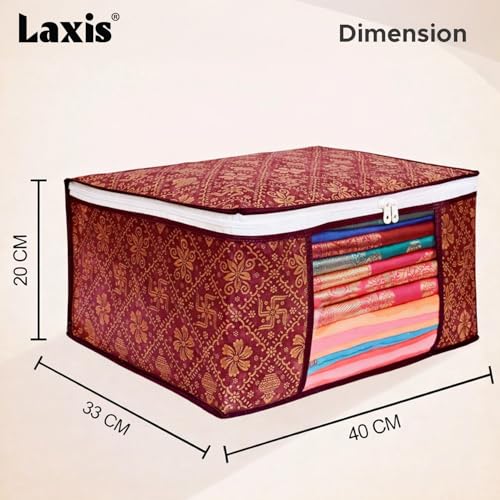 LAXIS® Foldable Royal Print Saree Cover Set, Saree Bags, Saree Covers For Storage, Wardrobe Organiser | (Golden-Mahroon, Pack of 6) - Image 2