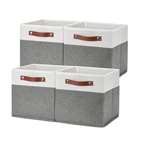 Temary Cube Storage Bins 4 Pack Storage Cubes 1111 Fabric Storage Bins Foldable Cube Storage Baskets with Handles Collapsible Storage Basket for Shelf White  Grey 11 x 11 x 11