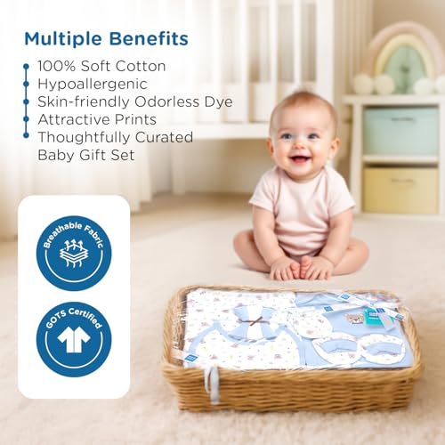 Mee Mee New Born Basket Baby Gift Set | Soft Cotton Clothing Essentials for Infants/Baby Girls, Boys | Baby Shower Clothing Hamper | 8 Pieces | (Square, Blue) - Image 3