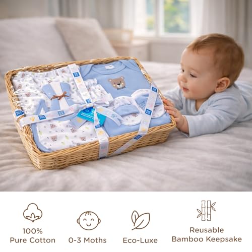 Mee Mee New Born Basket Baby Gift Set | Soft Cotton Clothing Essentials for Infants/Baby Girls, Boys | Baby Shower Clothing Hamper | 8 Pieces | (Square, Blue) - Image 5