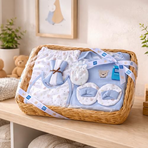 Mee Mee New Born Basket Baby Gift Set | Soft Cotton Clothing Essentials for Infants/Baby Girls, Boys | Baby Shower Clothing Hamper | 8 Pieces | (Square, Blue) - Image 1