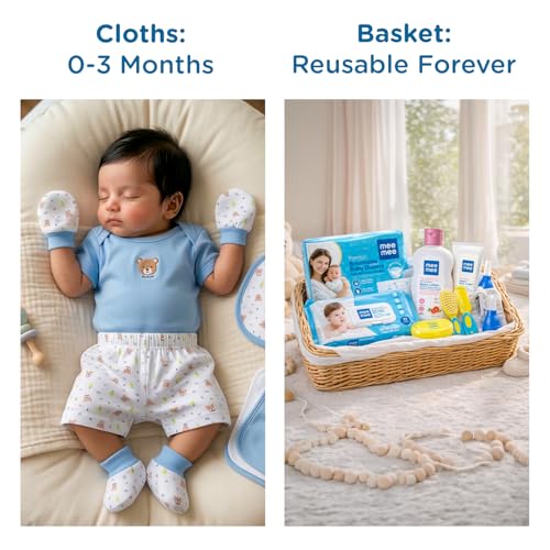Mee Mee New Born Basket Baby Gift Set | Soft Cotton Clothing Essentials for Infants/Baby Girls, Boys | Baby Shower Clothing Hamper | 8 Pieces | (Square, Blue) - Image 4