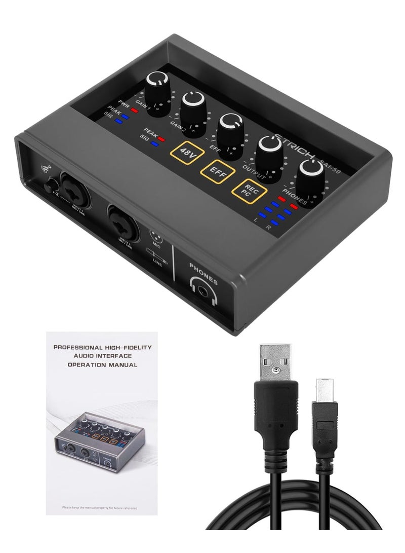 SYOSI Audio Interface, 2x2Computer Professional Audio Interface USB 2.0 with Touch Model, Bit/48 kHz Music Interface with 48V Phantom Power for Live Streaming, Podcasting Audio Interface for Mac, PC - Image 2