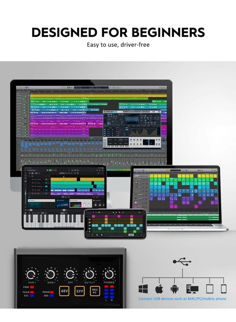 SYOSI Audio Interface, 2x2Computer Professional Audio Interface USB 2.0 with Touch Model, Bit/48 kHz Music Interface with 48V Phantom Power for Live Streaming, Podcasting Audio Interface for Mac, PC - Image 3