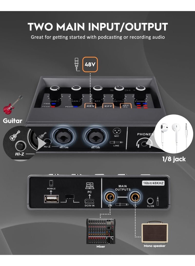 SYOSI Audio Interface, 2x2Computer Professional Audio Interface USB 2.0 with Touch Model, Bit/48 kHz Music Interface with 48V Phantom Power for Live Streaming, Podcasting Audio Interface for Mac, PC - Image 4