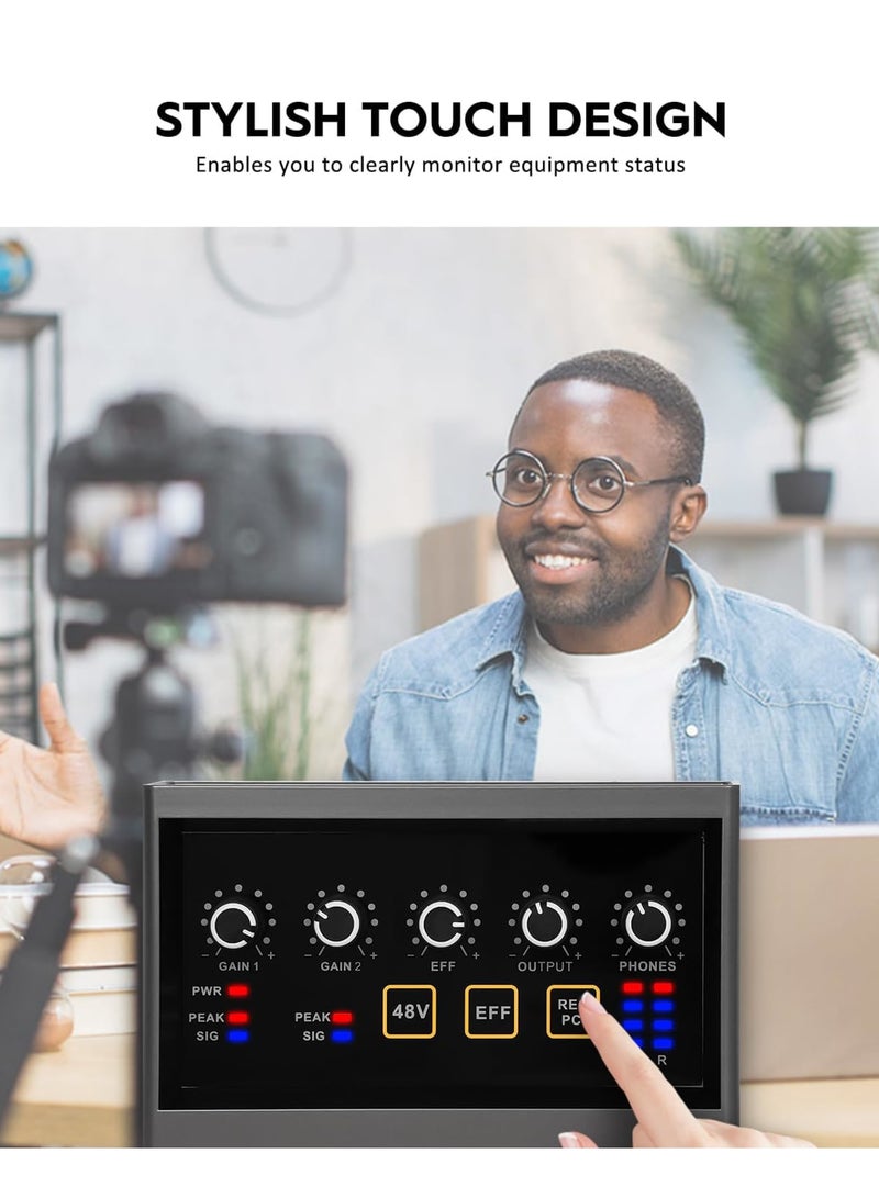 SYOSI Audio Interface, 2x2Computer Professional Audio Interface USB 2.0 with Touch Model, Bit/48 kHz Music Interface with 48V Phantom Power for Live Streaming, Podcasting Audio Interface for Mac, PC - Image 5