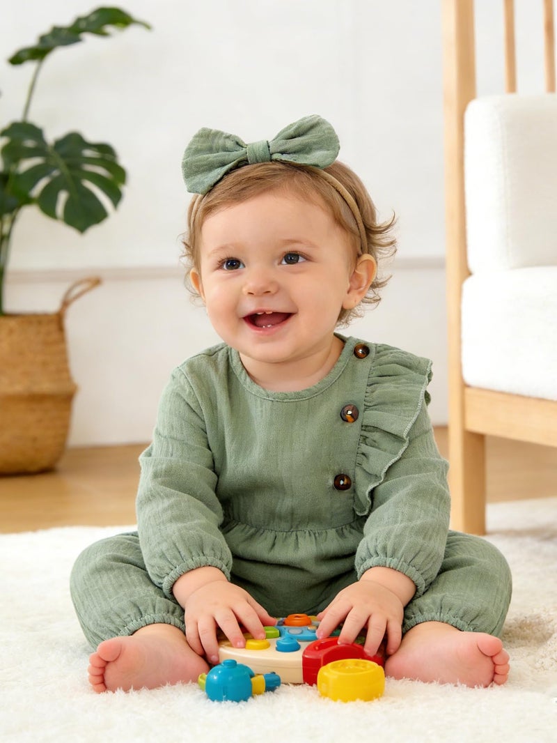 Twosya Newborn Baby Girls Smocked Romper Preemie Long Sleeve Going Home Outfit with Bow Headband - Image 4