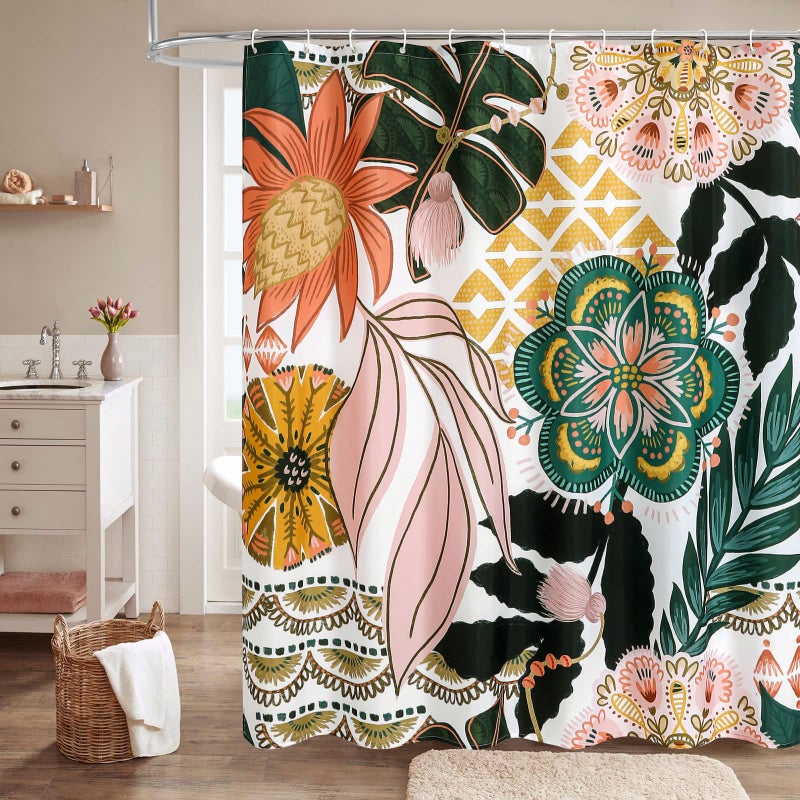 MitoVilla Boho Floral Shower Curtain Set with Hooks Tropical Leaves Fabric Cloth Shower Curtains for Rustic Vintage Bathroom Decor Colorful Flower Shower Curtain 72x72