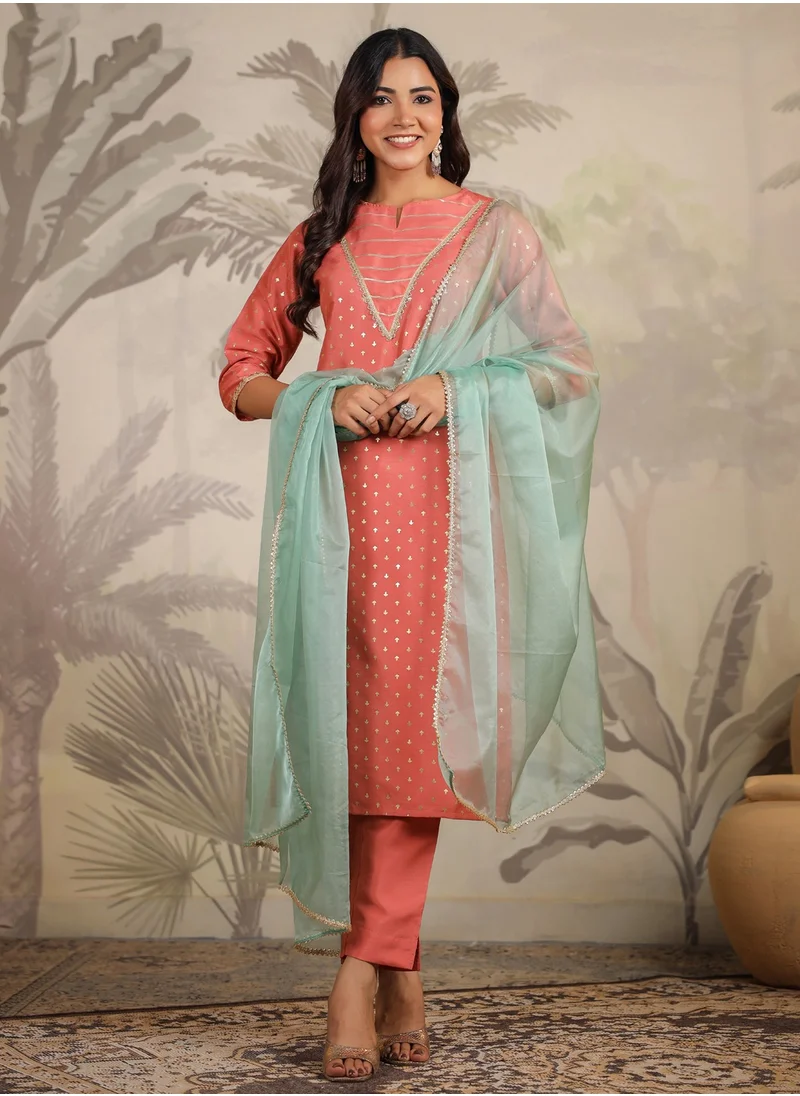 كولابا Peach Printed Kurta Set With Dupatta