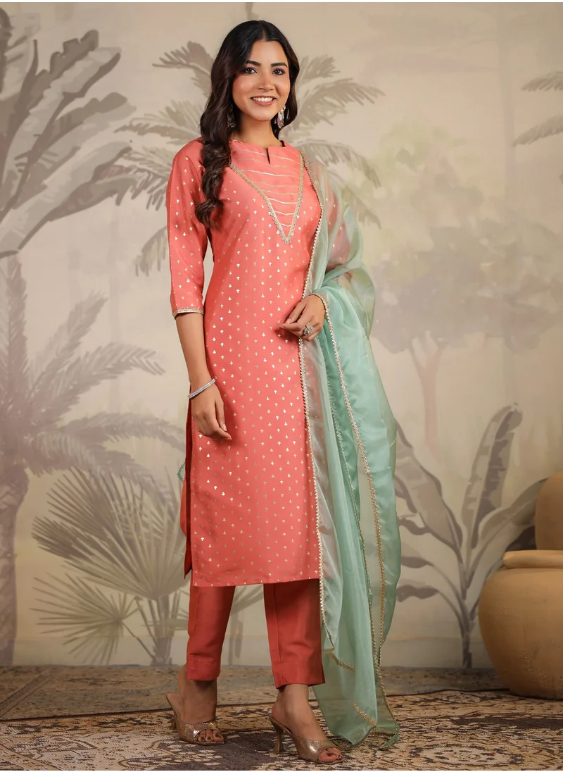 كولابا Peach Printed Kurta Set With Dupatta