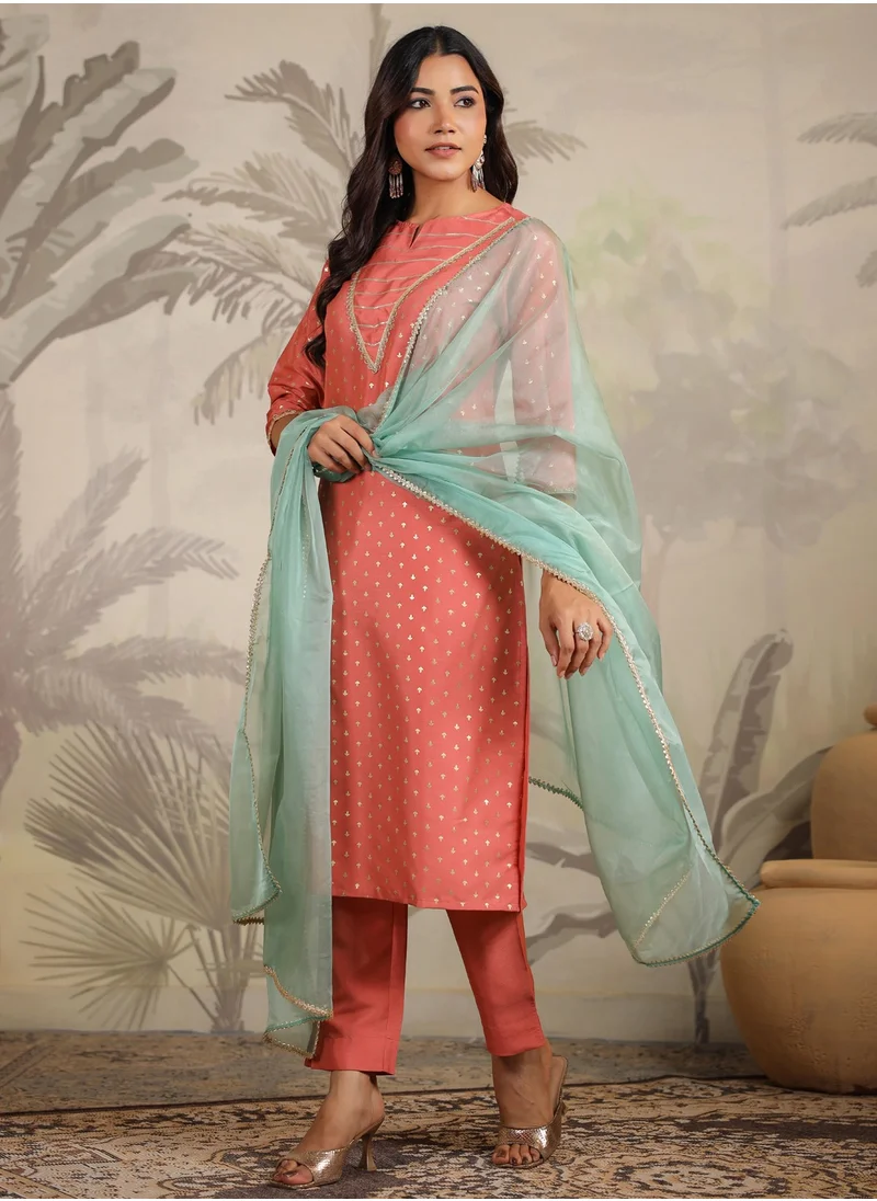 كولابا Peach Printed Kurta Set With Dupatta