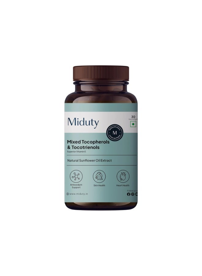 Miduty Mixed Tocopherols & Tocotrienols - Full Spectrum Vitamin E Supplement - With Sunflower & Sea Buckthorn Oil - Natural Antioxidant Support for Skin, Heart & Brain Wellness - 30 Veg Softgels - Image 1