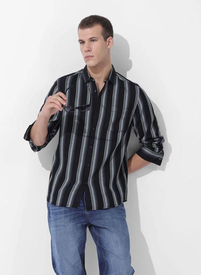 The Indian Garage Co Men Slim Fit Striped Cutaway Collar Full Sleeves Shirt