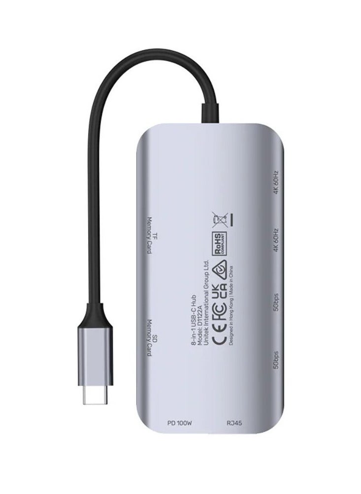 UNITEK - UNITEK 8-in-1 USB-C Hub: Expand Your Connectivity with HDMI 4K, USB 3.0, SD/TF Card Reader, Ethernet, and Power Delivery - Image 1