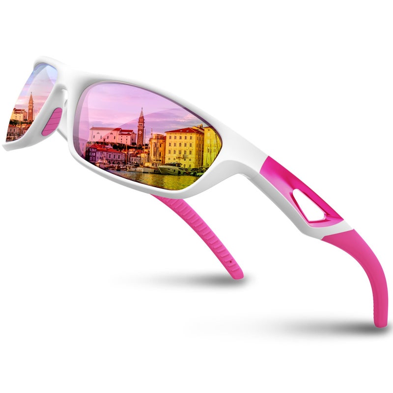 RIVBOS Polarized Sports Sunglasses Driving Sun Glasses Shades for Men Women Tr90 Frame for Cycling Fishing Running RB831 White Frame/Pink Lens - Image 1