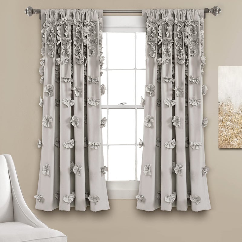 Lush Decor Riley Light Filtering Window Curtain Panel, Single 54" W x 63" L, Light Gray - Cute Gray Curtains for Bedroom - Bow Decor - Coquette Curtains for Windows - Image 1
