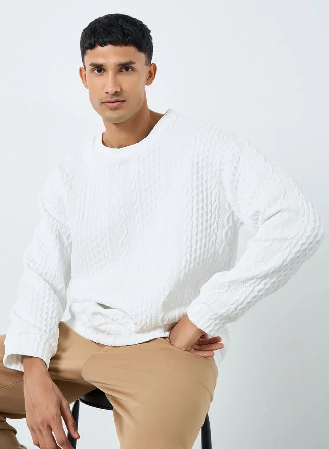 Take Two Take Two Men White Cable Knit Relaxed Fit Sweater